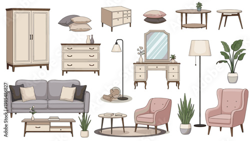 Large collection of home furniture and decor items including a sofa, wardrobe, tables, lamps, and various houseplants.