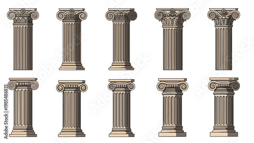 Set of ten various classical architectural columns in different styles like Ionic and Corinthian on a white background.