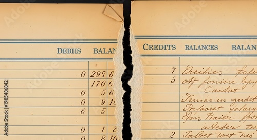 Torn vintage ledger page with handwritten credits and debits in black ink torn paper handwritten text