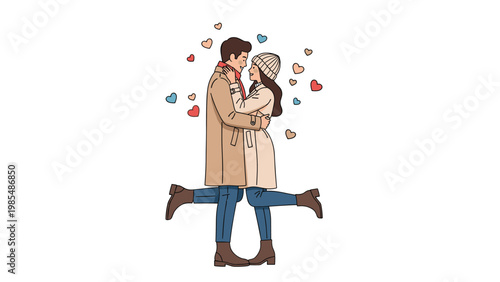 Romantic couple in warm winter coats sharing a warm embrace with floating hearts around them on a white background.