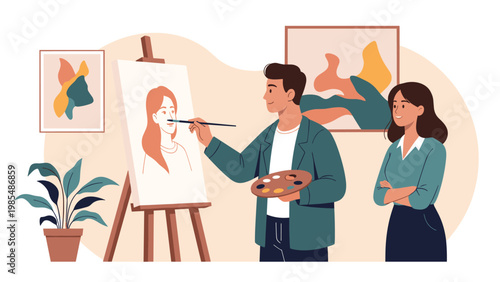 Artist painting a portrait on an easel while a woman watches in a creative art studio filled with paintings and plants.