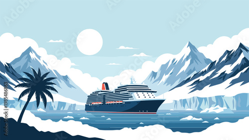 Large luxury cruise ship sailing through a polar sea with icebergs and mountains and a tropical palm tree in view.