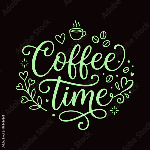 A coffee time graphic with a cup and beans