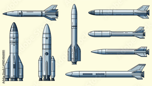 Detailed collection of space rockets and missiles in pixel art style shows various aerodynamic designs and boosters.