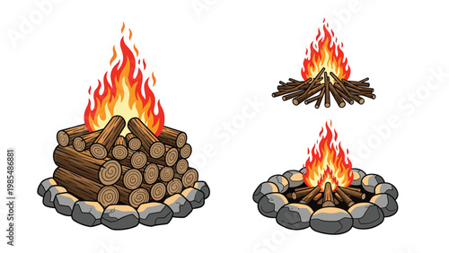 Various campfire designs with burning logs and protective stone rings for outdoor camping and survival activities.