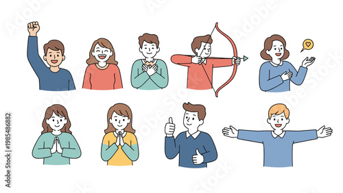 Diverse group of cartoon characters expressing various positive emotions and gestures like cheering and thumbs up.