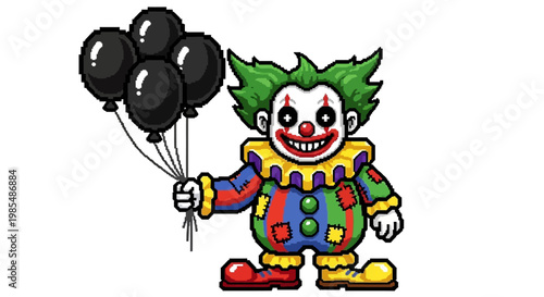 Creepy Clown Holding Black Balloons Illustration.