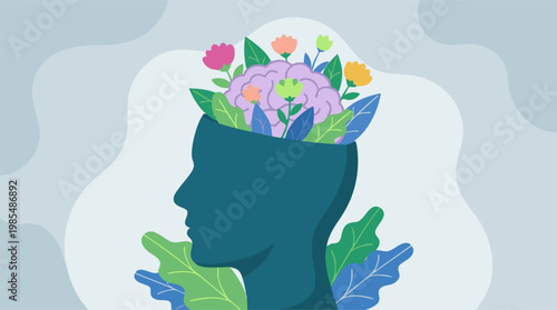 Flowering brain in human head symbolizing mental wellness and growth