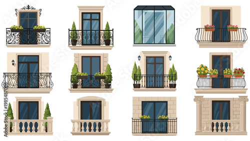 Collection of architectural window designs showcases various styles of balconies with decorative railings and green potted plants.