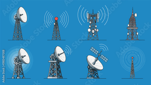 Various telecommunication towers and satellite dishes are illustrated against a solid blue background representing modern technology.