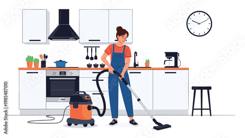 Young woman in blue overalls uses a modern orange vacuum cleaner to tidy up a contemporary white kitchen floor.