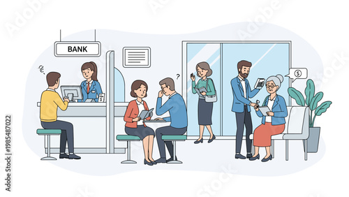 People interact with bank staff at various service counters while others wait in a clean and modern financial institution.