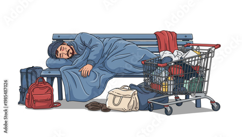 Homeless man rests on a blue park bench while his few belongings are kept in a shopping cart and various bags nearby.