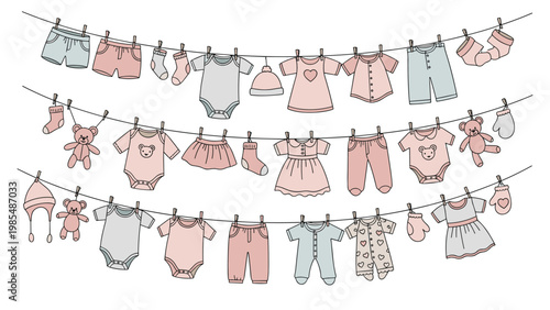 Assortment of baby clothes and accessories in soft pink and blue tones hangs neatly from a laundry line with small clothespins.
