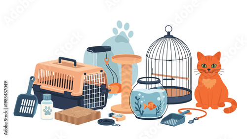 Comprehensive set of pet supplies includes a happy ginger cat, fishbowl with a goldfish, birdcage, and various animal care items.