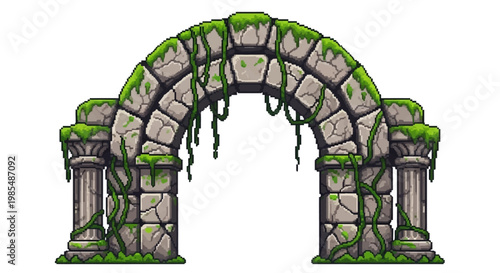 Ancient Stone Archway Covered in Moss and Vines.