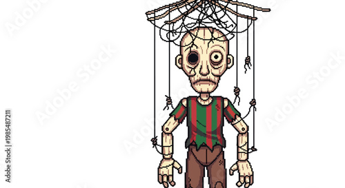 Creepy Wooden Puppet Dangling by Strings with Spiders.
