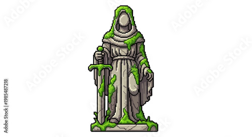 Ancient Stone Statue of a Hooded Figure Holding a Sword.