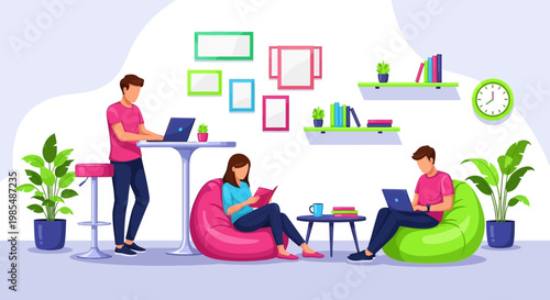 People working and studying in a modern co-working space.