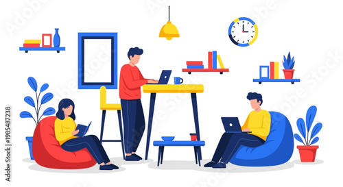 People working and studying in a modern coworking space.