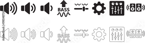 Sound wave, audio equipment, speaker icons, equalizer symbols, 20 black and white sound effect graphics