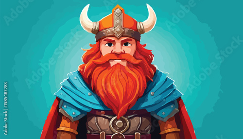Cartoon Viking Warrior with Horned Helmet and Red Beard.