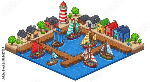 Charming Isometric Harbor Village with Sailboats and Lighthouse.