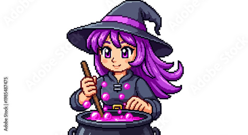 Cute Anime Witch Brewing Potion in Cauldron.
