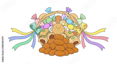 Colorful Easter eggs in basket with ribbons.