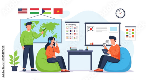 Diverse students learning languages in a modern classroom setting.