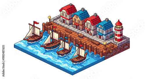 Charming Isometric Seaside Village with Sailboats and Lighthouse.