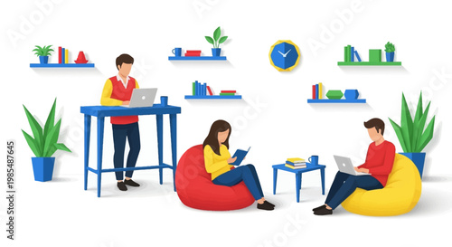 People working and studying in a modern coworking space.