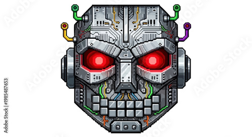 Detailed Robotic Head with Glowing Red Eyes and Intricate Circuits.