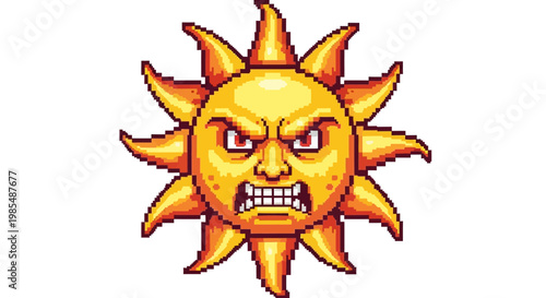 Angry Pixel Art Sun Character with Fierce Expression.