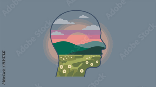 Mindscape: Serene nature, sunset, hills, and flowers within a head silhouette