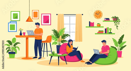 People working and studying in a cozy home environment.