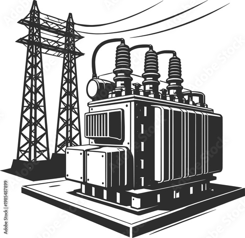 Electrical Substation Icon Black and White Vector Illustration, Power Grid Transformer Energy Symbol.