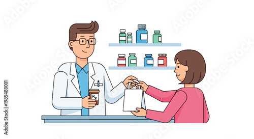 Pharmacist handing medication to customer.