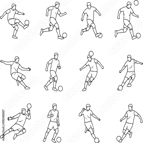 Sequence of soccer player kicking ball in continuous line art illustration for sports training