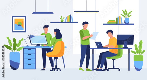 Diverse team collaborating in a modern office environment.