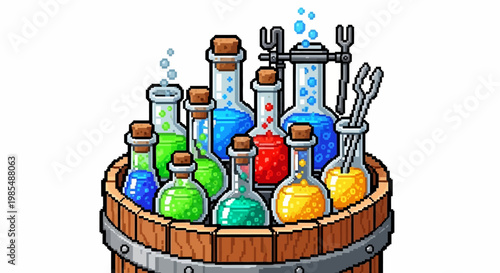 Assortment of colorful potions in a wooden barrel.