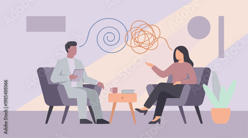 Therapy session illustration: psychologist helps untangle client's thoughts