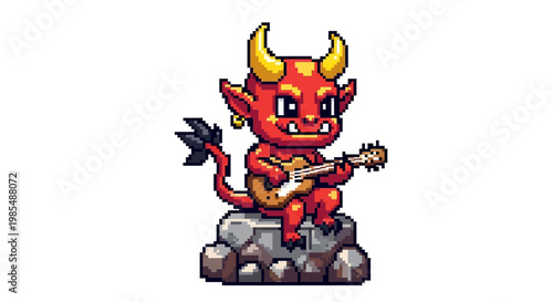 Cute Pixel Art Devil Playing Guitar Sitting on Rock.