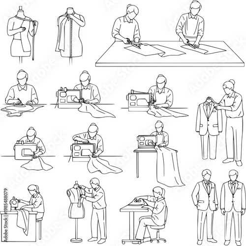 vintage tailor sewing clothing process step-by-step illustration flat design vector set