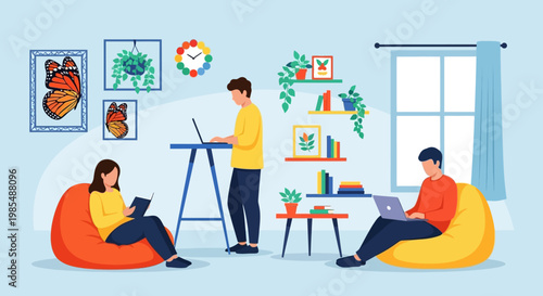 People working and studying in a cozy home environment.