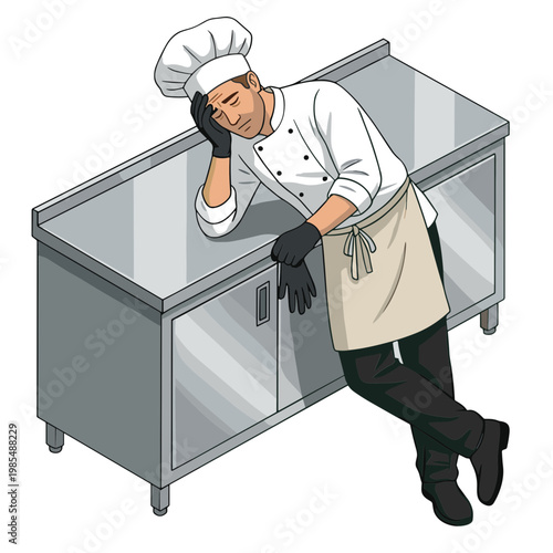 A tired chef leans on a stainless steel kitchen counter in a professional cooking environment.