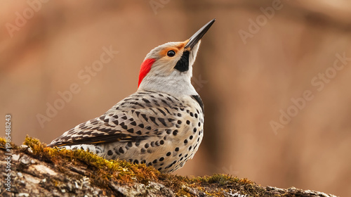 A Northern Flicker perched on a mossy log in a forest setting