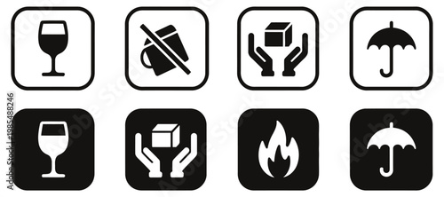 Packaging handling symbols set featuring fragile glass, flammable warning, recycle, keep dry, this side up, and handle with care icons, suitable for transport packaging and delivery instruction