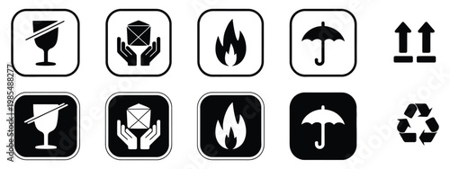 Packaging handling symbols set showing fragile, flammable, recycle, keep dry, this side up, and handle with care signs, ideal for shipping labels, logistics, and warehouse safety markings
