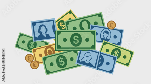 Illustrated pile of diverse banknotes and coins representing global finance
